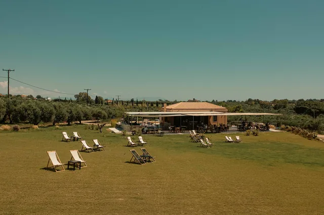 Aerial view of the Leventes restaurant and its garden lawn