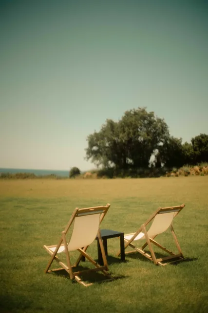 Two deck chairs beside a tree on the Leventes lawn