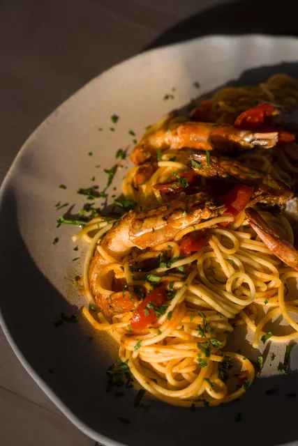 Shrimp linguine with fresh tomato sauce and bisque
