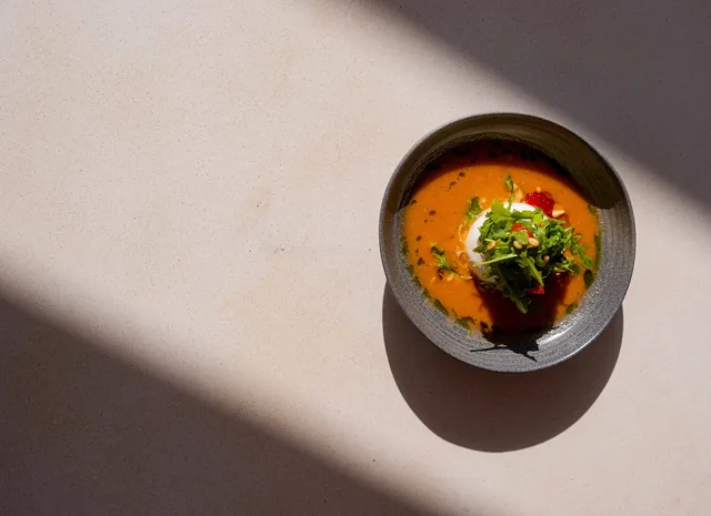 Tomato soup with fresh herbs in the afternoon light