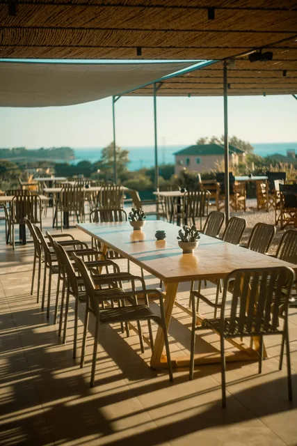 The Leventes terrace bathed in golden hour light