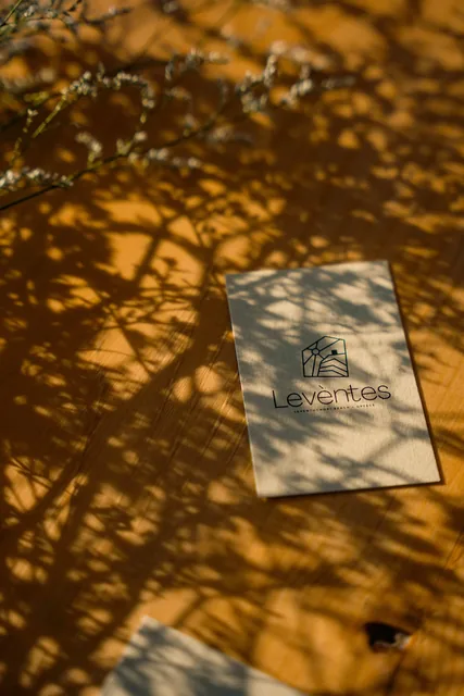 The Leventes menu card under dappled tree shadows
